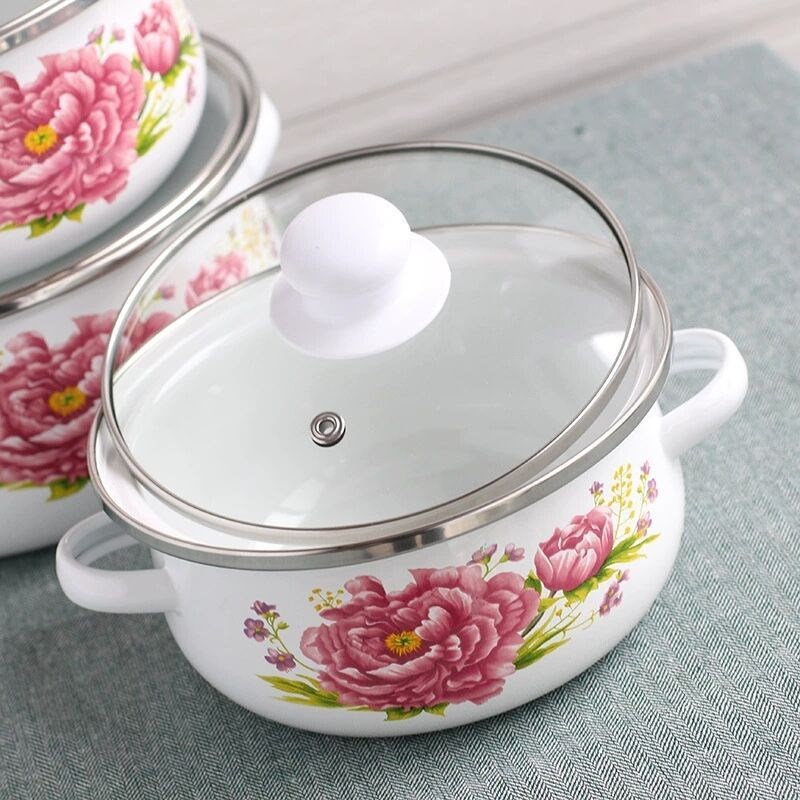 加厚16-20CM三件套双耳搪瓷锅家用煲汤锅炖锅平底锅泡面碗猪油盆