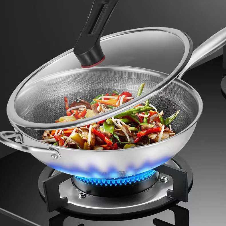 凹面电磁炉专用锅不粘炒菜锅不生锈双屏三层钢不锈钢炒锅圆底家用