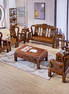 ?鸡翅木家具 别墅大户型古典原木沙发 中式客厅实木十件套沙发