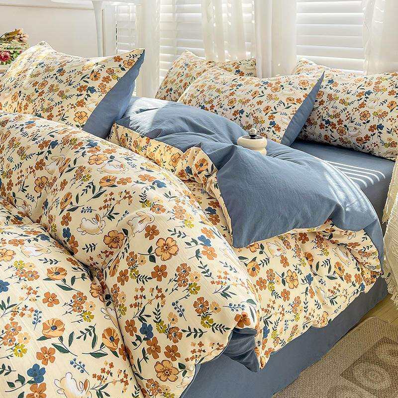 水洗棉麻四件套双层纱被套宿舍床单三件套家用床品床笠