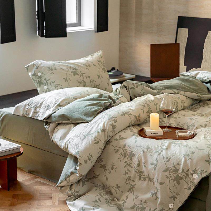 A类全棉60支双层立体提花四件套色水洗织纯棉简约纽扣款被套床单