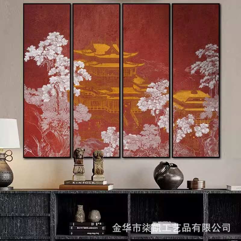 新中式竖版高档酒店餐厅大气立体装饰画茶室书房楼阁背景肌理挂画