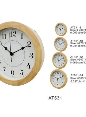 直角实木框圆挂钟ATAT531315中式客厅静音新扫秒时用钟家装饰木头