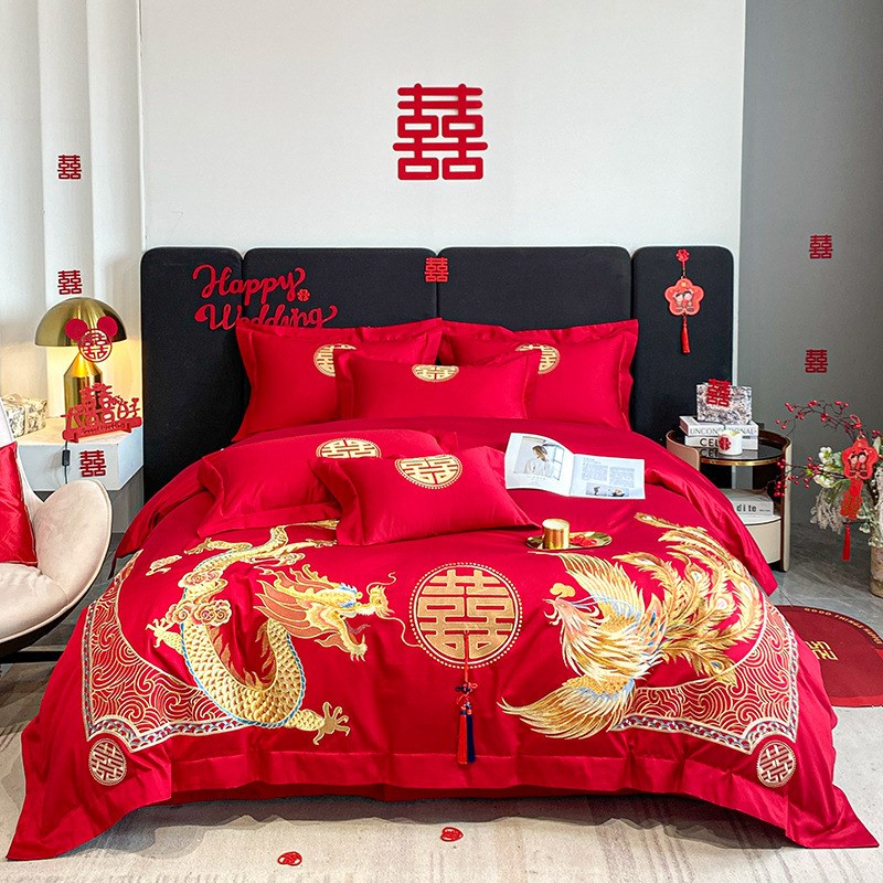 高档龙凤婚庆四件套大红色刺绣被套结婚床上用品陪嫁婚房喜庆