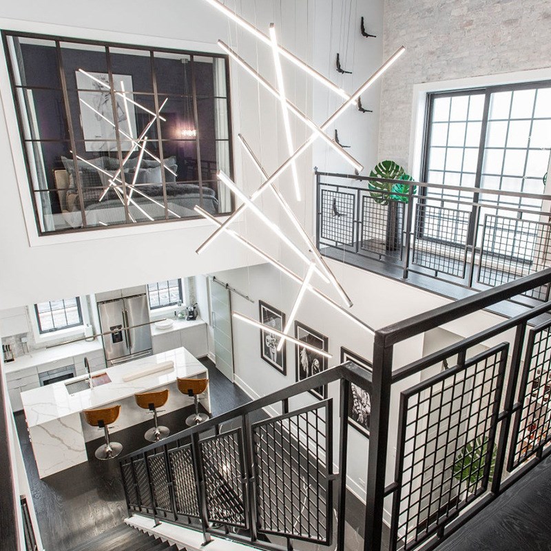 现代简约别墅挑空客厅复式楼梯灯具写字楼办公室线性长条工程吊灯