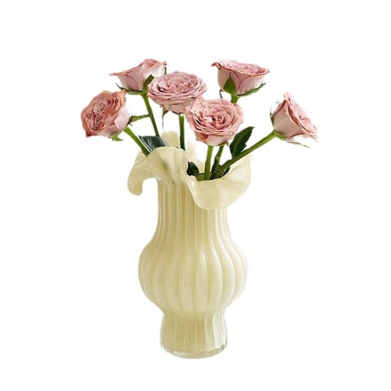 客厅卧室家居装饰花瓶奶油色系法式轻奢百褶瓶口玻璃花瓶现货