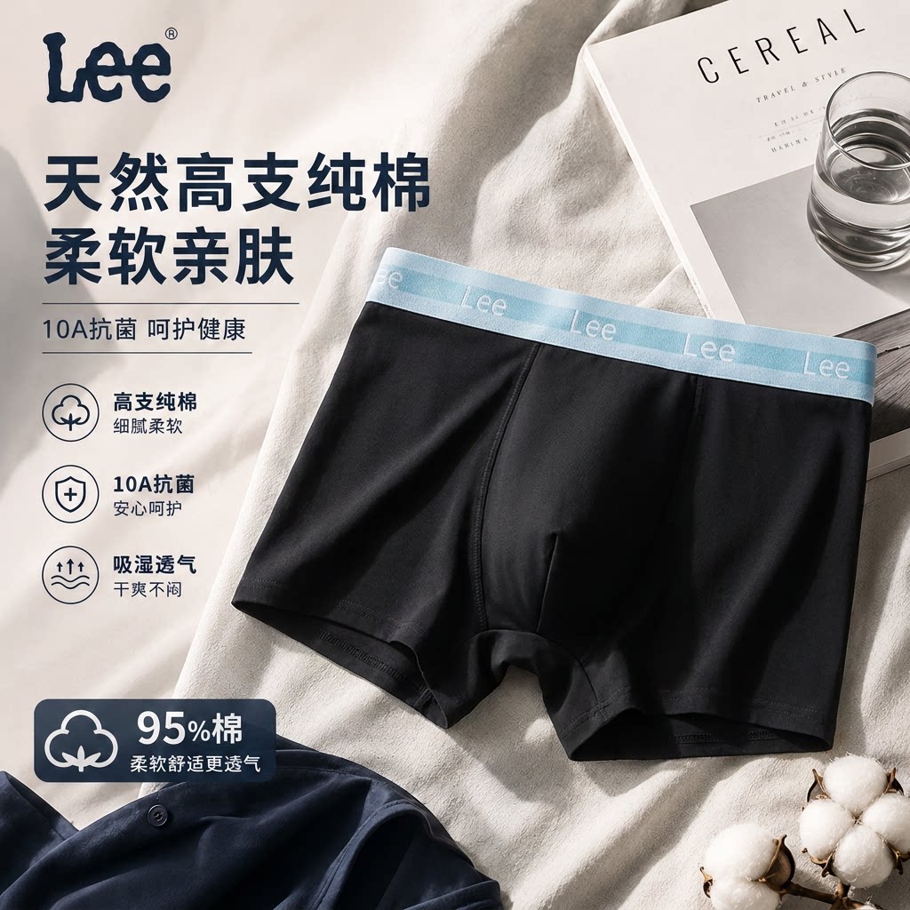 Lee李牌丨纯棉男士内裤10A抗菌舒适透气平角裤新款吸汗四角裤男生