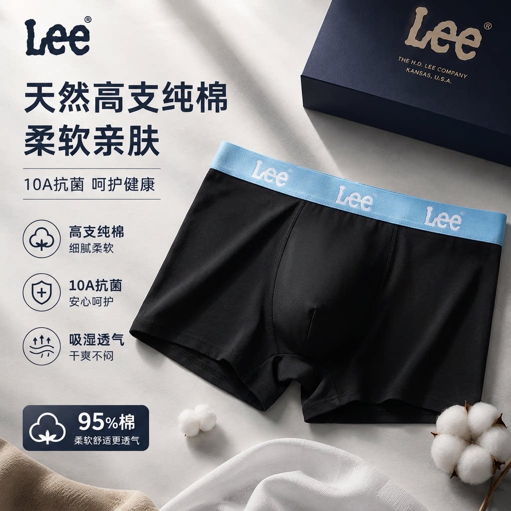 Lee李牌丨男士内裤纯棉平角四角裤男士透气吸汗抗菌裆舒适亲肤