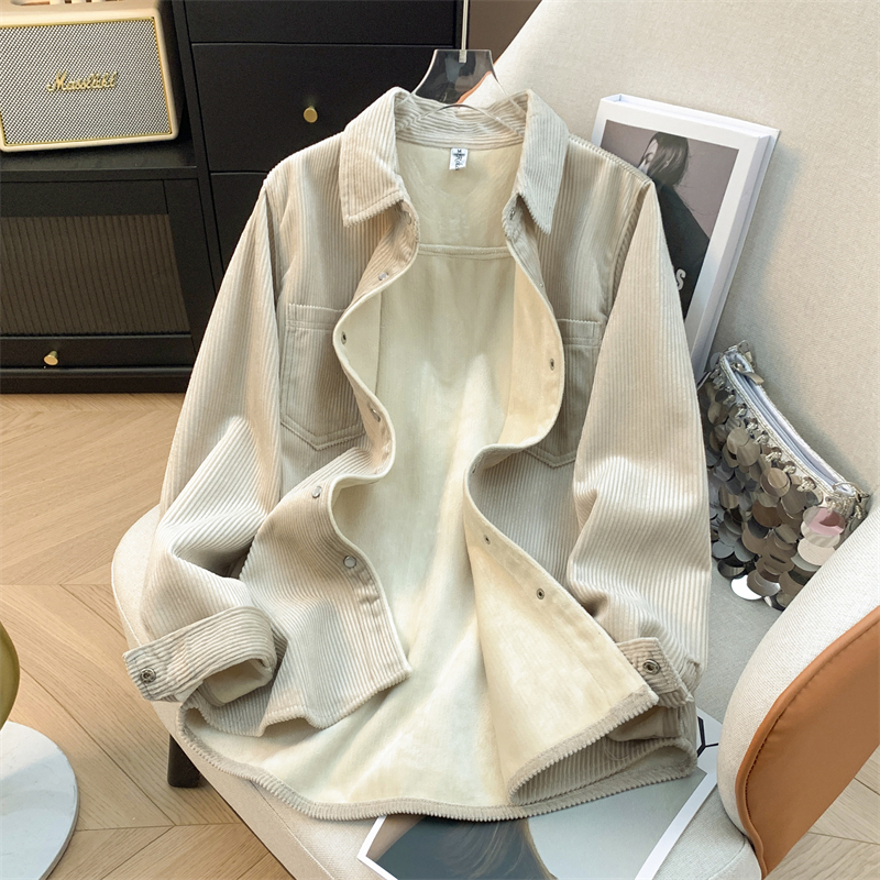 加绒加厚保暖灯芯长袖衬衫女