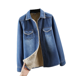 加绒保暖欧美秋冬纯棉牛仔长袖衬衫女宽松显瘦打底加厚衬衫上衣潮