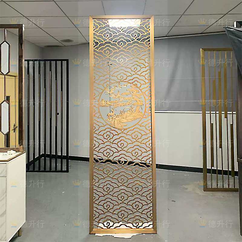 新中式屏风客厅隔断格栅镂空雕花金属花格酒店轻奢不锈钢玄关屏风