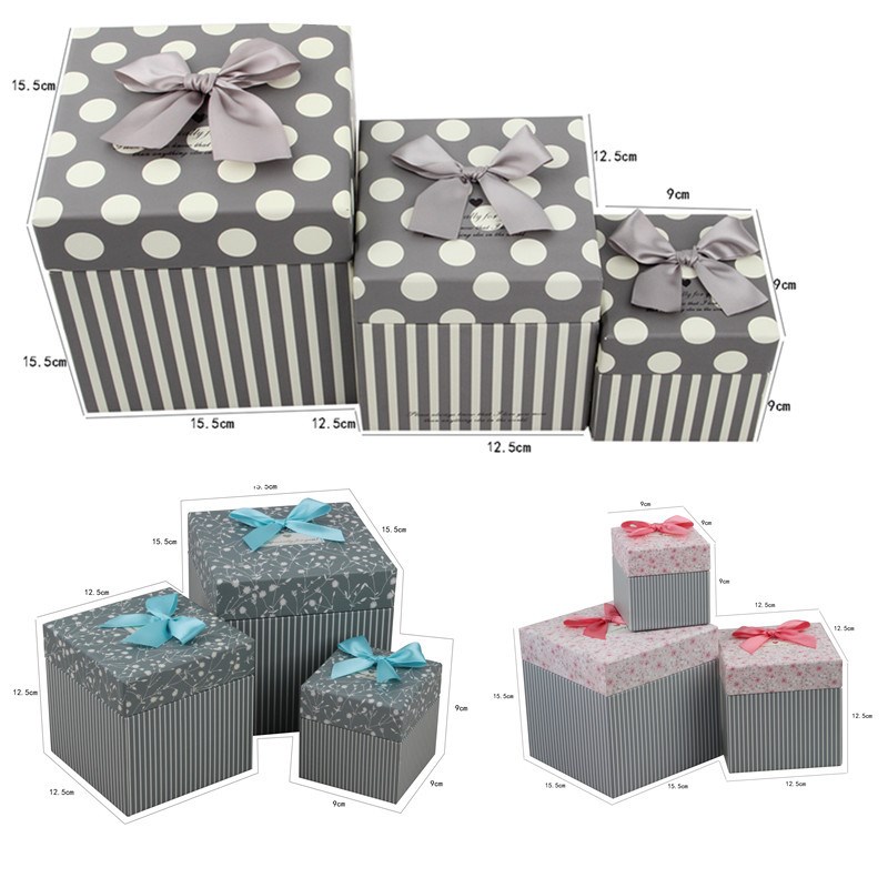 现货供应方形3套装礼品盒 子母铆口小清新碎花圆点纸质包装盒