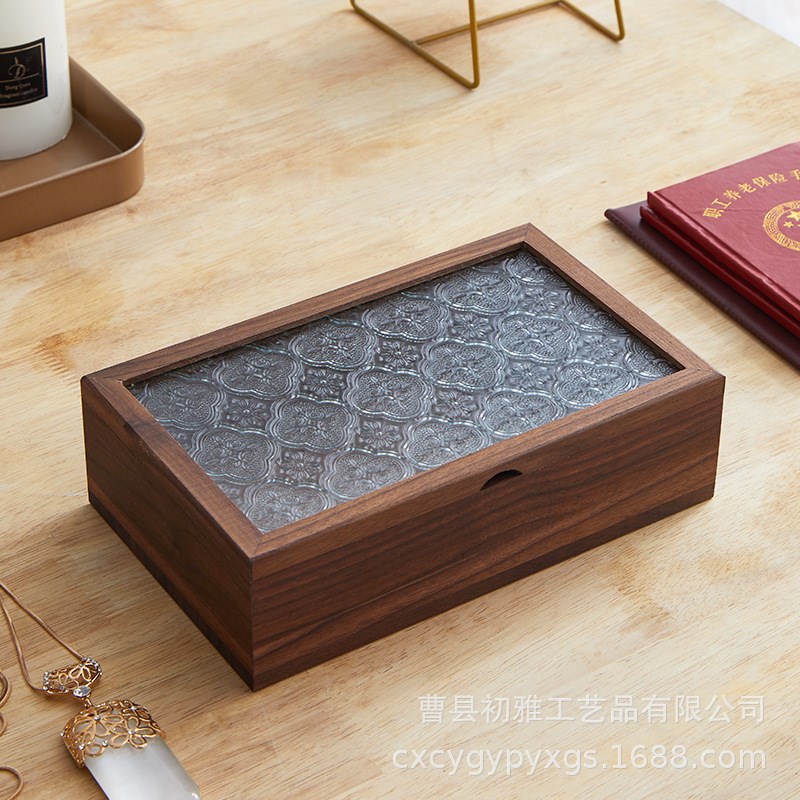 翻盖玻璃盖木盒首饰礼品收纳盒子客厅磁吸扣盒子证件照存放盒子
