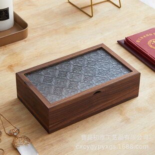翻盖玻璃盖木盒首饰礼品收纳盒子客厅磁吸扣盒子证件照存放盒子