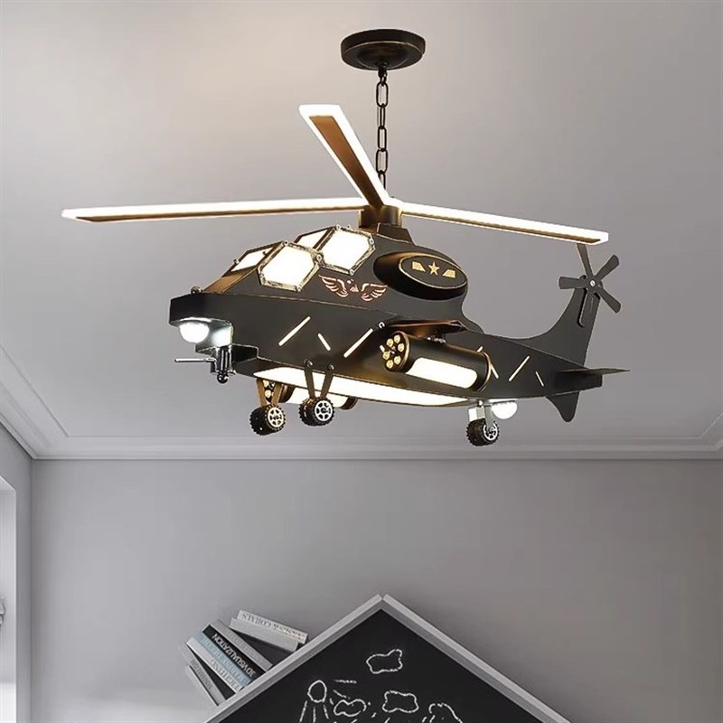 儿童房飞机灯吊灯男孩房间卧室灯创意个性复古工业风直升机模型灯