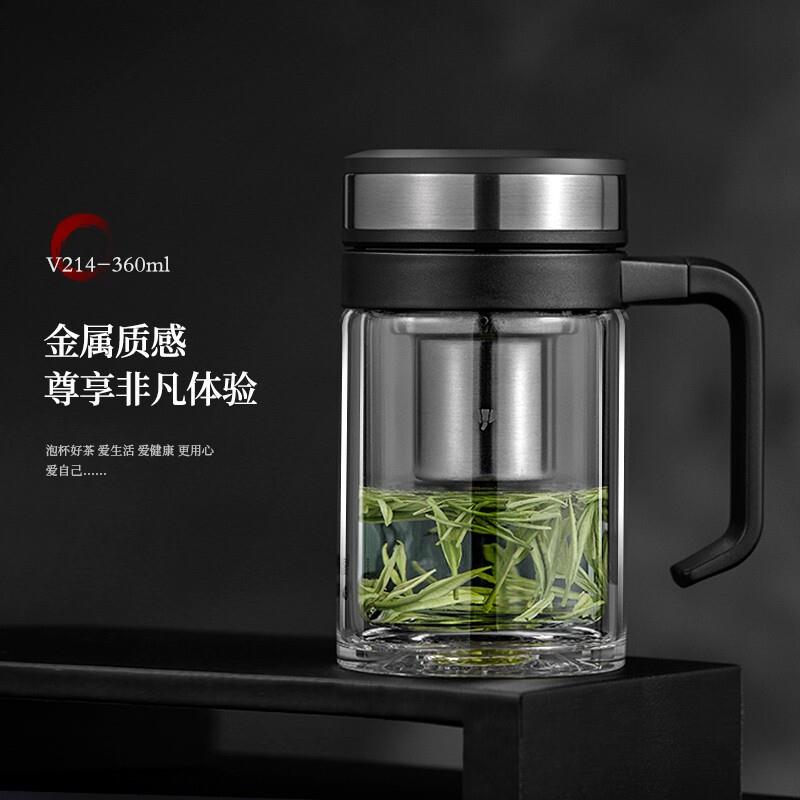 万象（WANXIANG）玻璃杯双层男士杯手柄金属杯盖杯子办公室泡茶杯