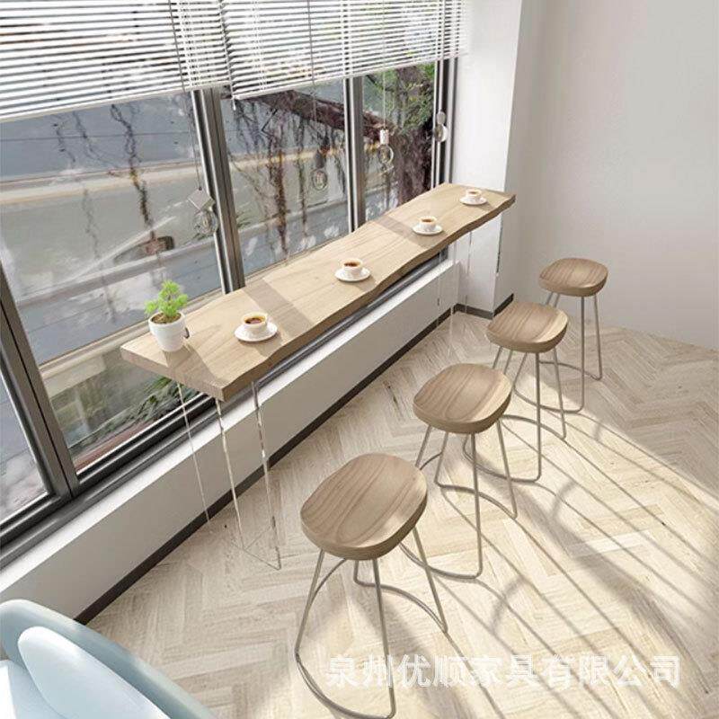 奶茶店亚克力实木吧台桌简约现代家用靠墙悬浮透明高脚桌椅组合