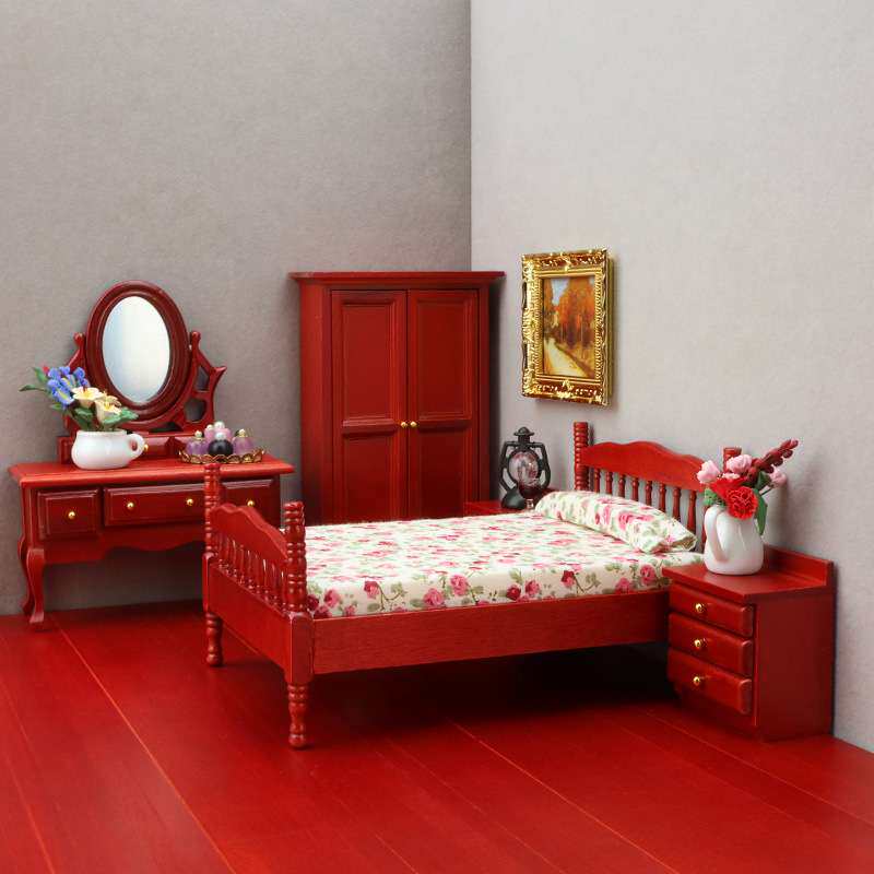 1:12娃娃屋dollhouse迷你家具模型微缩卧室套装微场景床梳妆台柜