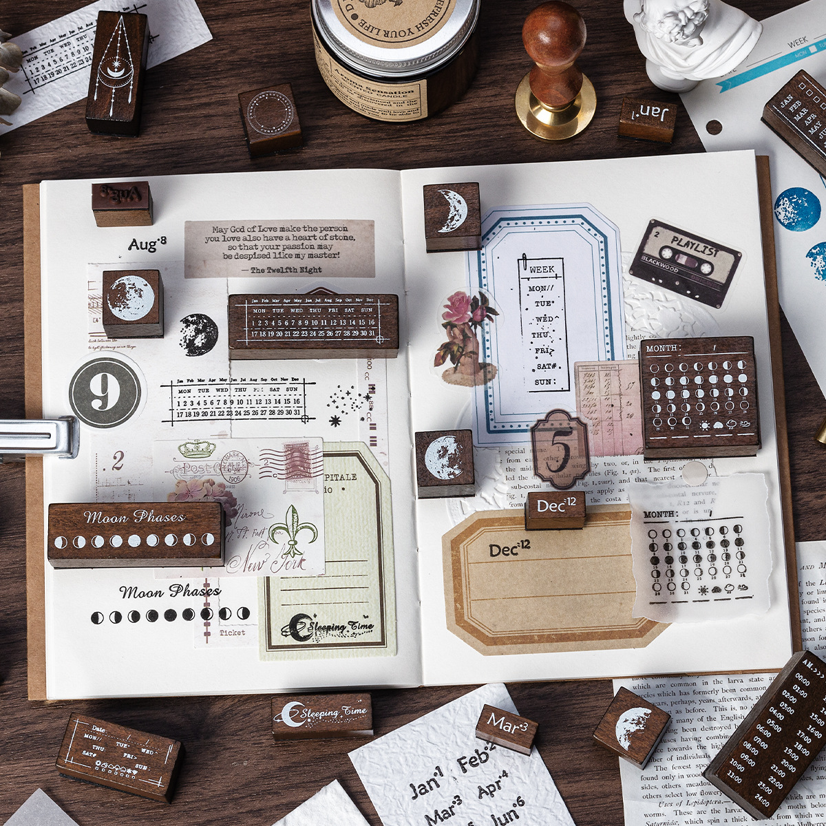 月相星辉木质盒装印章月份星期diy手账日记装饰素材图章木质印章