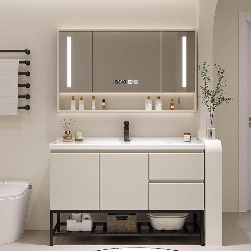 包安装智能轻奢奶油风陶瓷一体盆实木洗手洗脸洗漱台浴室柜组合款