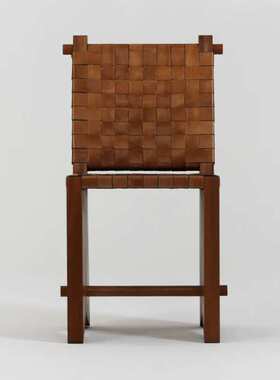 Solium马鞍皮椅子餐椅家用复古实木编织皮靠背椅