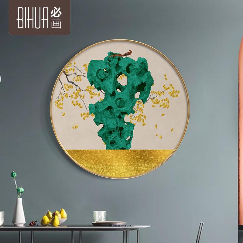 圆形中式装饰画客厅画禅意花鸟黄金满地玄关画圆形新中式挂画