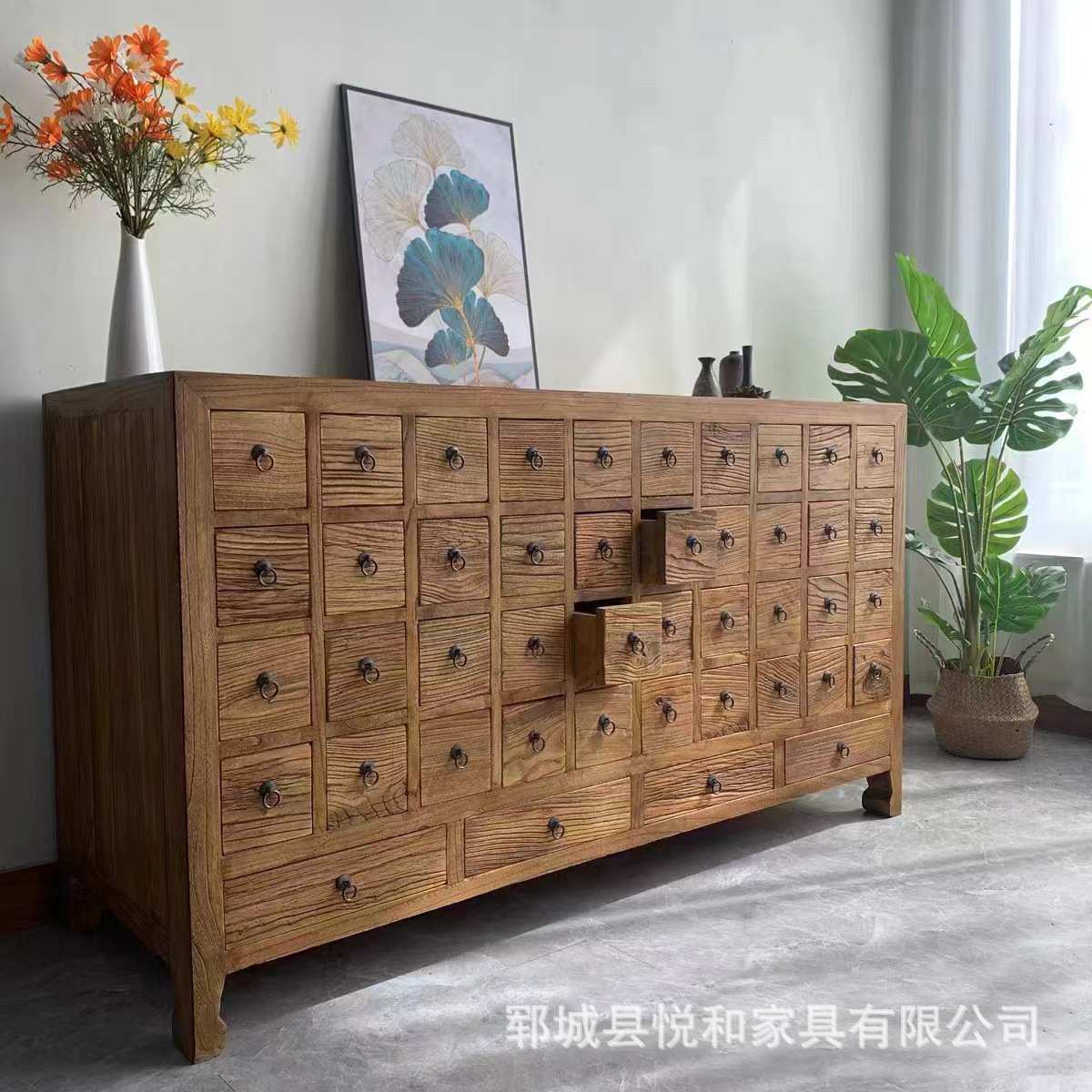 风化自然纹理老榆木餐边柜老门板多格收纳柜中式老榆木靠墙储物柜