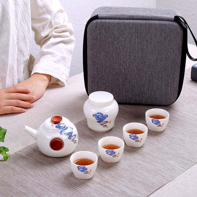 德玉堂旅行便携户外中国白德化陶瓷茶具套装茶具包陶瓷罐整套茶具