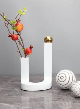 现代简约创意U形白色树脂花器样板房办公室家居客厅装饰花瓶摆件
