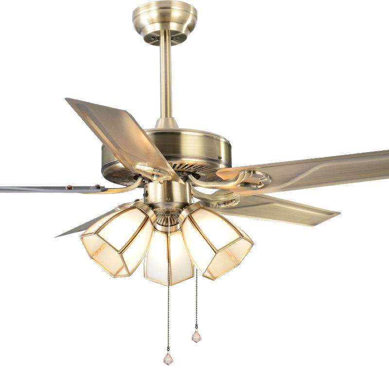 餐厅风扇灯欧式铁叶电扇灯客厅复古简约木叶吊扇灯家用卧室吊灯