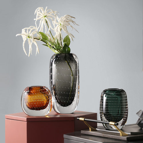 现代简约艺术透明厚底气泡玻璃花瓶样板间客厅餐桌装饰花器摆件