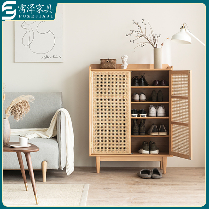 北欧现代简约风格小户型酒店民宿酒店客厅实木藤编鞋柜置物柜斗柜