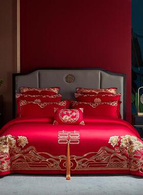 140s支全棉婚庆四件套刺绣婚房床上用品大红色喜被子结婚六十件套