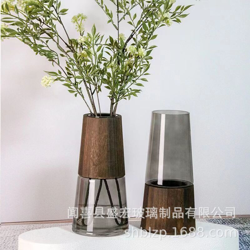 大简约木托玻璃花瓶方缸原色花瓶摆件客厅餐桌银柳插花装饰家用