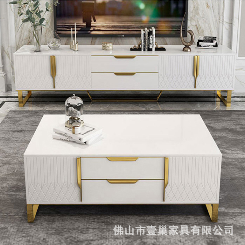 后现代简约镀金不锈钢茶几电视柜简约轻奢烤漆钢化玻璃茶几电视柜