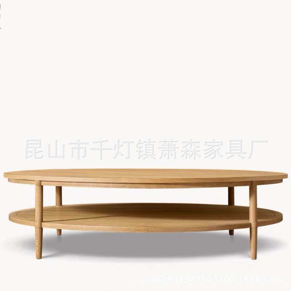 RH美式乡村实木圆茶几边几复古圆形茶台家用小户型咖啡桌客厅家具