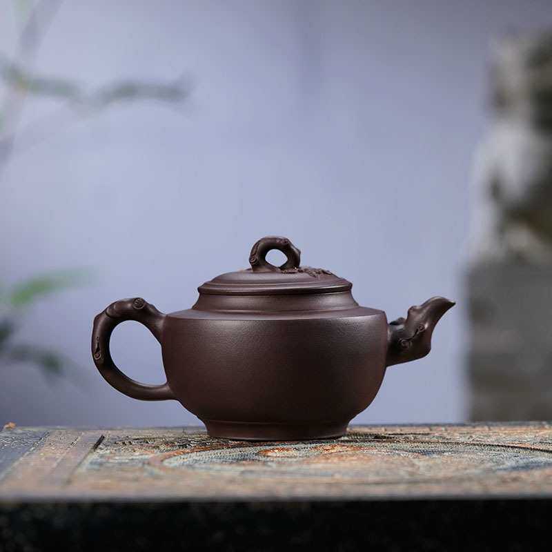 蝙蝠葡萄茶壶福寿如意全手工碗灯紫砂壶名家原矿老紫泥树桩贴花壶