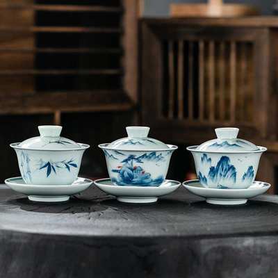 全手工盖碗青花瓷景德镇陶瓷茶具手绘山水功夫泡茶碗玉泥胎大号碗