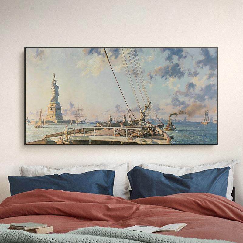 复古自由女神像油画帆船大海装饰画大幅客厅床头画简约风景挂画