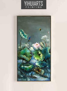 两联竖幅玄关走廊手绘花卉肌理无框中式家居装饰画夏日荷花挂画