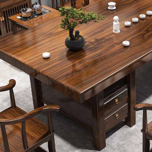 大板实木原木茶桌椅组合一桌五椅新中式茶几办公室家用泡茶台一体