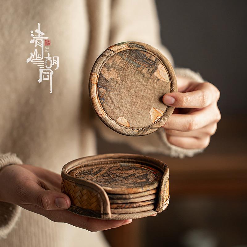 中式手工竹编茶杯垫子整套带收纳隔热垫复古印花防烫杯托茶道配件