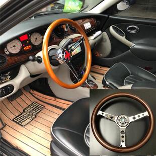 方向盘木质木制改装复古桃木普桑15寸38cm镜面电镀反光通用方向盘
