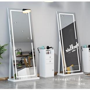 实木带灯镜壁挂镜理发店镜台镜子一体网红丿美发发廊落地镜