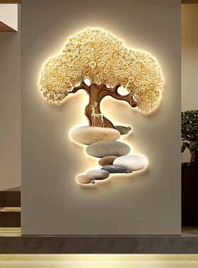 发财树入户玄关装饰画对门过道走廊吉祥鹿led壁灯画发光简约挂画