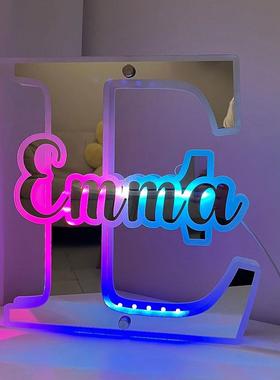 个性化的LED亚克力镜子字母首字母夜灯名字文本LED点亮卧室墙装