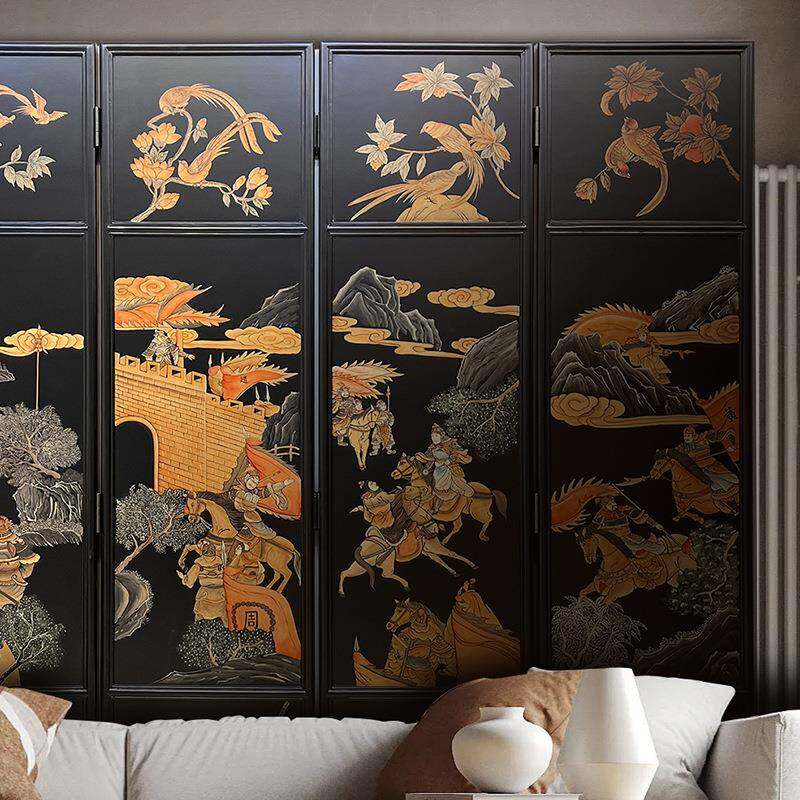 侘界手绘漆画法式中国风中古屏风客厅隔断实木折屏卧室背景设计师