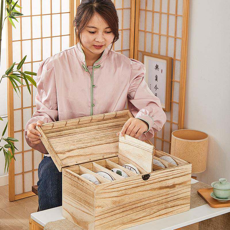 实木茶饼收纳防尘置物架复古风宝箱长方形多宝阁格子收纳桌面摆放