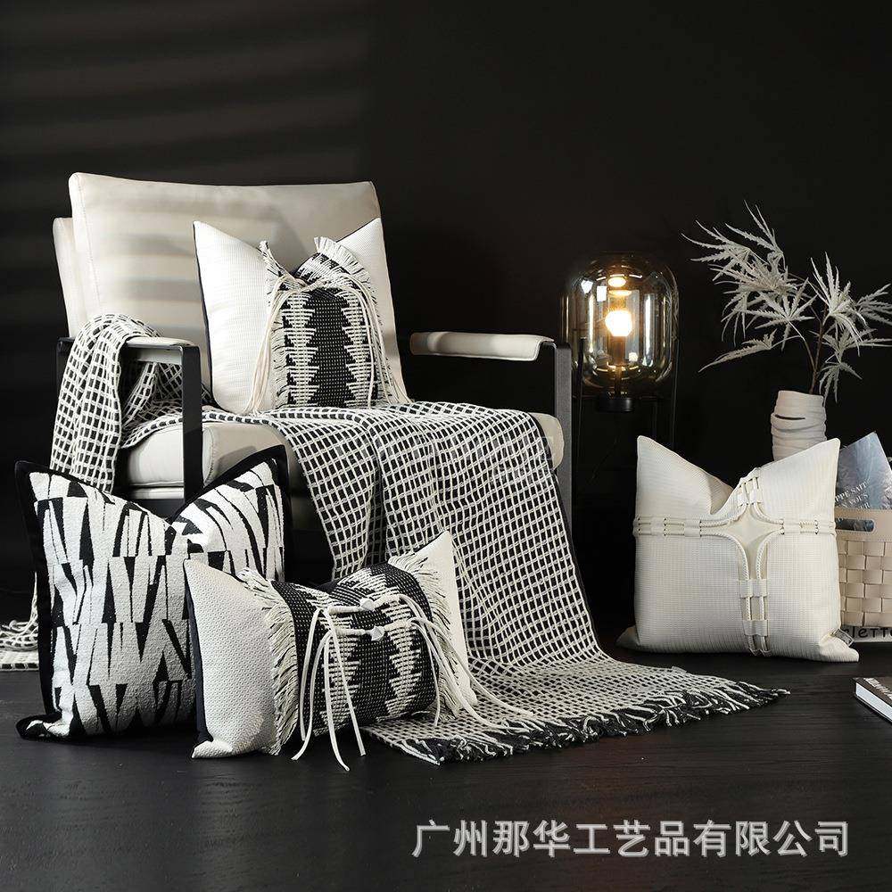 轻奢风黑白抱枕套PU样板间柔软提花布靠枕沙发靠垫高级感热卖