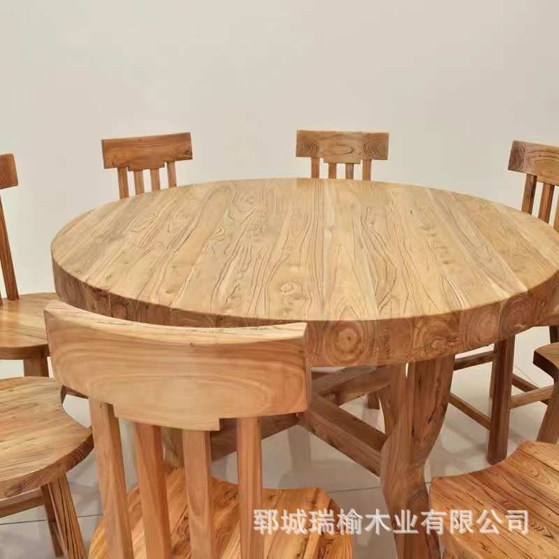 仿古实木老榆木圆桌餐桌中式大圆桌餐厅酒楼吃饭桌小户型圆餐桌